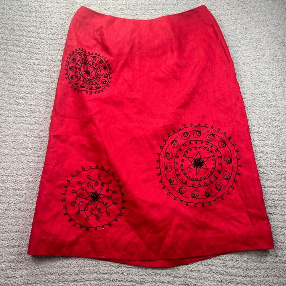 Ann Taylor Linen Skirt Beaded Mandala Red Size 6 Y2K Vintage Boho Artsy Midi